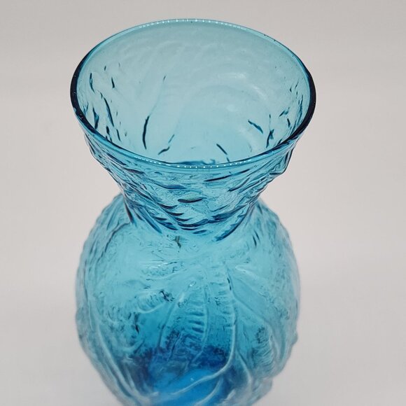 Vintage Ingrid Germany Blue Textured Glass Vase With Leaf Design 8-3/4' - Picture 2 of 7